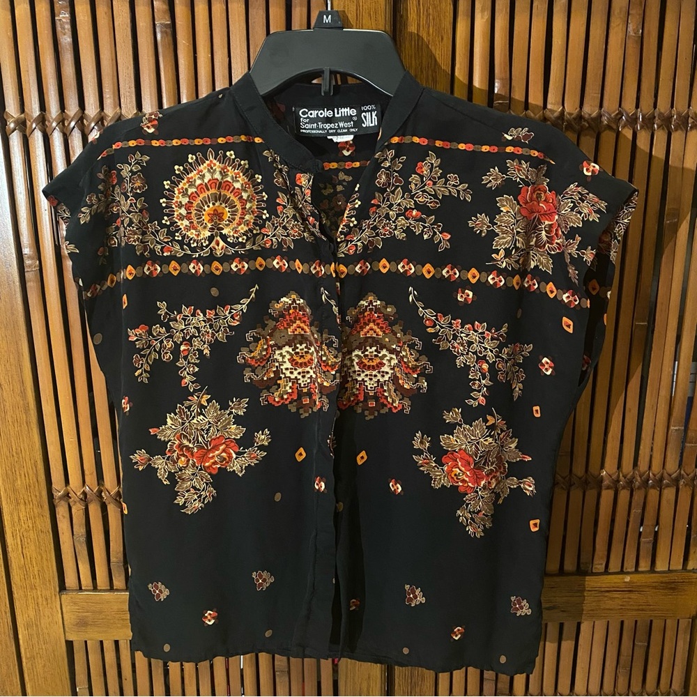 Vintage Carole Little for Saint-Tropez West Tribal Print 100% Silk shirt